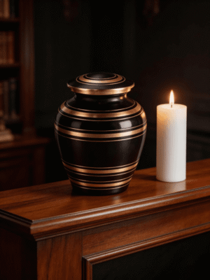 Juoda žalvario urna kremuotiems pelenams – elegantiškas ir ilgaamžis memorialinis indas, skirtas saugoti artimojo atminimą su pagarba ir orumu. Urna pagaminta iš tvirto žalvario – metalo lydinio, vertinamo dėl savo patvarumo, atsparumo laikui ir estetinės išvaizdos. Žalvaris nuo seno naudojamas memorialiniams dirbiniams, nes užtikrina patikimą apsaugą ir išlieka stabilus daugelį metų . Urnos paviršius padengtas sodria juoda danga arba emaliu, kuris suteikia jai subtilų, ramų ir solidų charakterį. Juoda spalva simbolizuoja rimtį, pagarbą ir amžinybę, o kontrastuojantys aukso ar natūralaus žalvario ornamentai išryškina dizaino detales. Dažnai tokios urnos dekoruojamos rankomis graviruotais raštais, gėlių motyvais ar subtiliais ornamentais, kurie suteikia išskirtinumo ir pabrėžia individualumą . Forma paprastai klasikinė – primena vazą ar cilindrą su švelniai išlenktomis linijomis, kurios kuria harmonijos ir ramybės pojūtį. Paviršius gali būti blizgus arba satininis, švelniai atspindintis šviesą ir išryškinantis metalo tekstūrą. Kiekviena urna gali turėti smulkių skirtumų, nes dalis jų gaminamos rankomis, naudojant tradicinius liejimo ir graviravimo metodus, todėl kiekvienas gaminys tampa unikalus . Urna skirta saugiai laikyti kremuotus pelenus – ji dažniausiai turi sandarų, srieginiu būdu užsukamą dangtį, kuris užtikrina patikimą uždarymą ir apsaugą nuo išorinių veiksnių . Dėl savo konstrukcijos ji tinkama laikyti namuose, kolumbariume arba laidoti žemėje, priklausomai nuo pasirinkto atsisveikinimo būdo . Juoda žalvario urna pasižymi ne tik funkcionalumu, bet ir estetika – tai subtilus meno ir atminimo derinys. Ji skirta tiems, kurie vertina klasikinį dizainą, tvirtas medžiagas ir simbolinę prasmę. Tokia urna tampa ne tik saugojimo vieta, bet ir prasmingu atminimo simboliu, išlaikančiu ryšį su išėjusiuoju bei suteikiančiu ramybės jausmą artimiesiems. Šis memorialinis dirbinys išsiskiria savo solidumu, elegancija ir ilgaamžiškumu – tai pagarbus ir estetiškas pasirinkimas, skirtas įamžinti gyvenimą ir išsaugoti brangius prisiminimus.