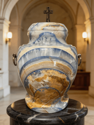 Marmuro urna pelenams, įamžinmti velionio gyvenimą.