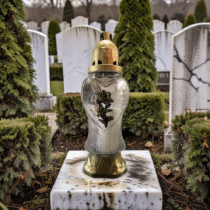 Kapų žvakidė su dekoratyvine gėle ir aukso spalvos apdaila. Elegantiška, atspari oro sąlygoms, puikiai tinka kapų dekoravimui ir atminimui.